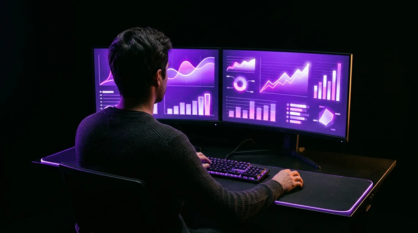 Conversion specialist reviewing live A/B test dashboards across a wall of monitors in a dark studio