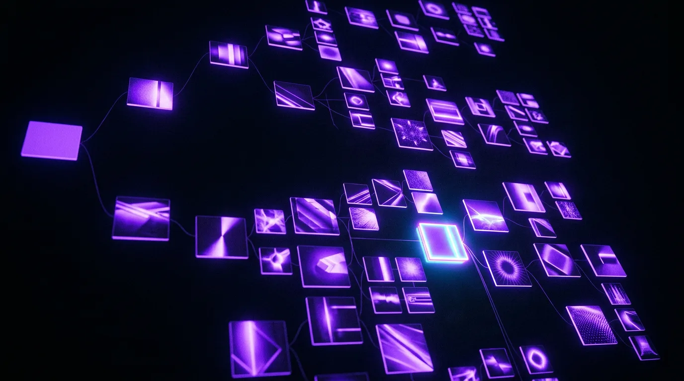 A creative testing matrix of violet ad-variant cards with one winning
