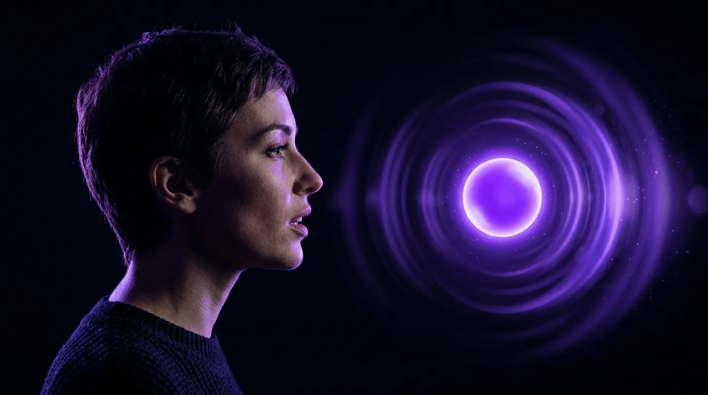A person speaking a query toward a glowing answer orb with soundwave rings in the dark