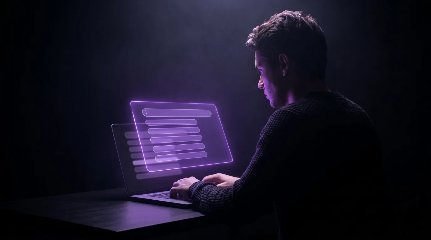 A marketer reviewing a glowing AI answer panel above search results, lit by violet rim light