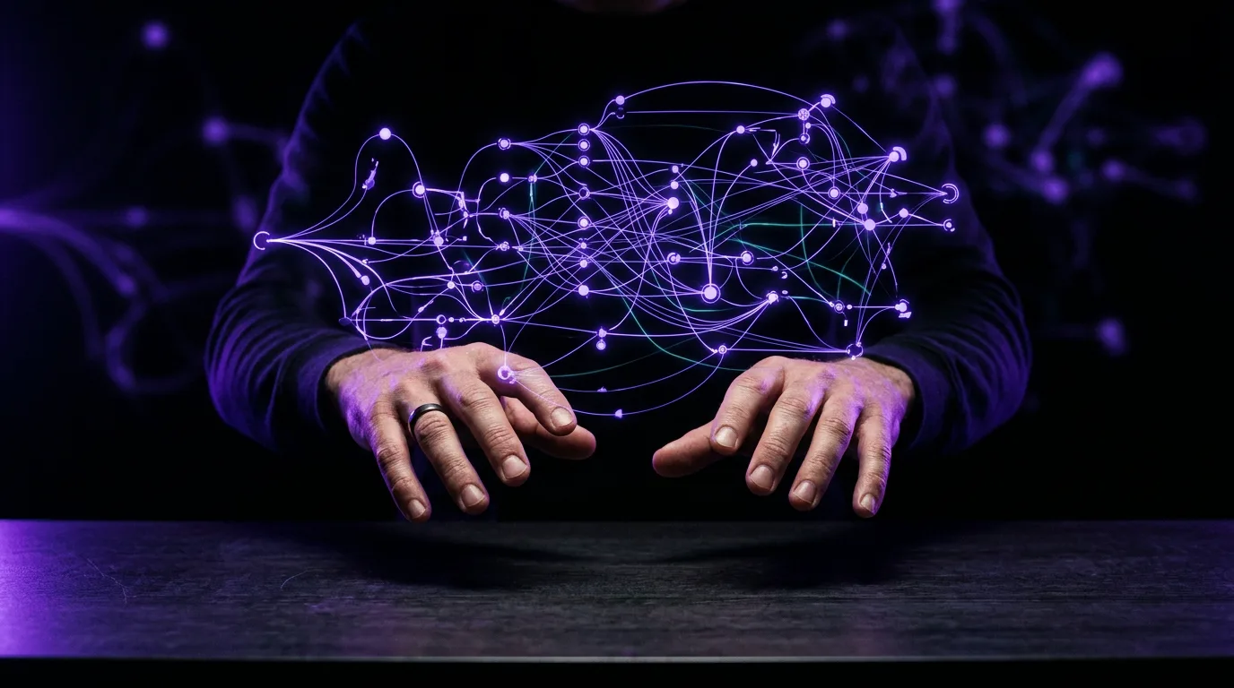 Hands beneath a glowing violet network of connected nodes forming an automation flowchart