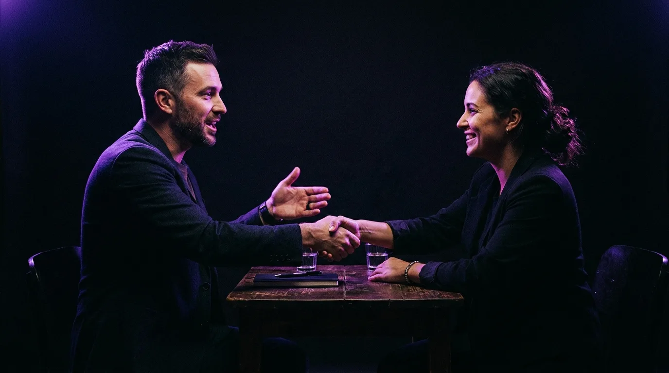 Two professionals shaking hands across a table in a dark room, lit by violet rim light