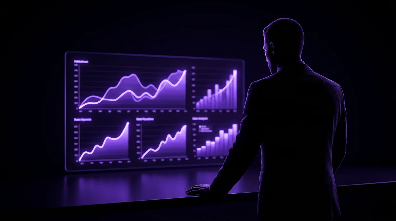 A glowing violet results dashboard of rising client performance graphs, reviewed by a strategist