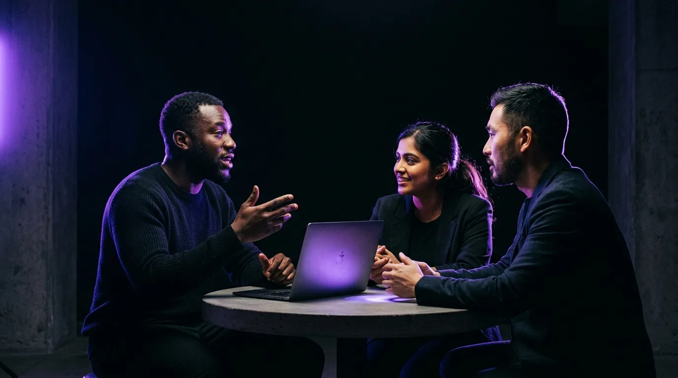 Skitrate community strategists discussing Reddit thread responses around a table, lit by violet rim light