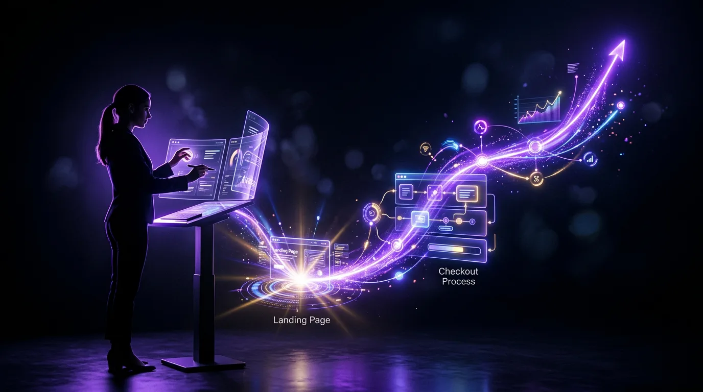 A glowing violet checkout funnel being optimized toward a higher completion rate
