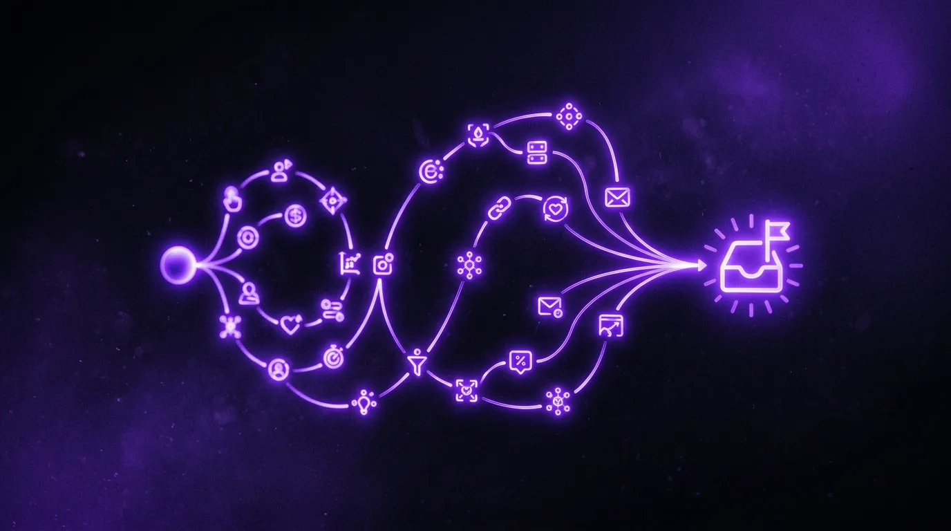 A glowing violet automated email lifecycle flow leading to an inbox