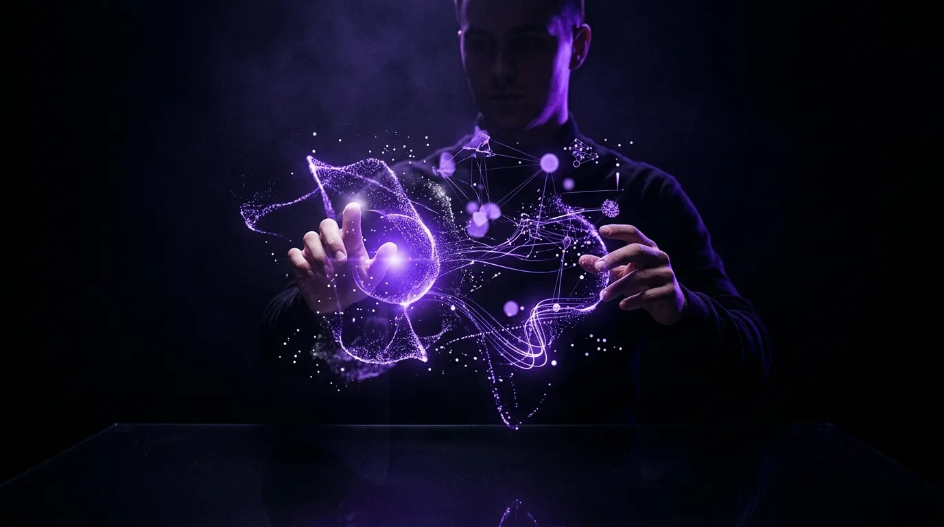 Strategist working with a holographic AI interface tracking brand citations across generative engines