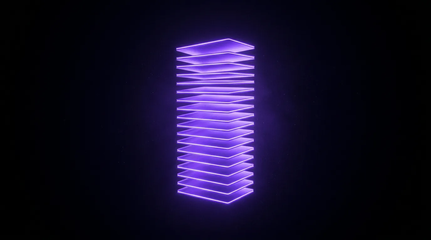 A stack of glowing violet definition cards, a dictionary of growth concepts