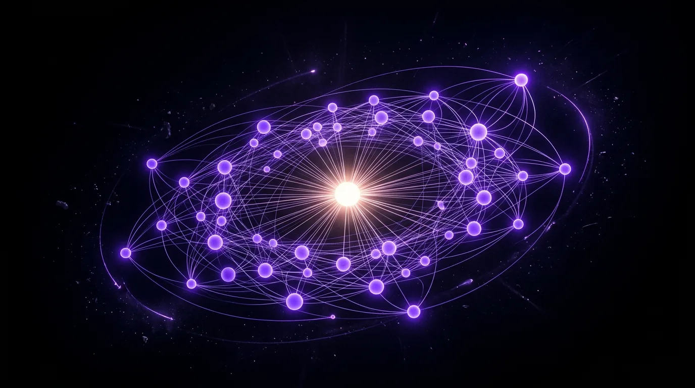 Interconnected topic nodes orbiting a central hub, a knowledge graph in violet light