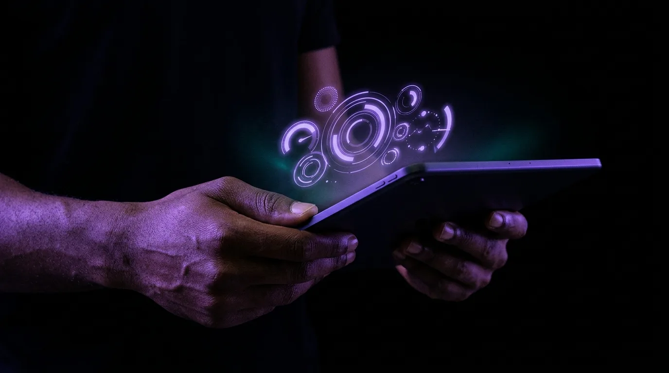 Hands holding a glowing AI search visibility scorecard over a dark desk