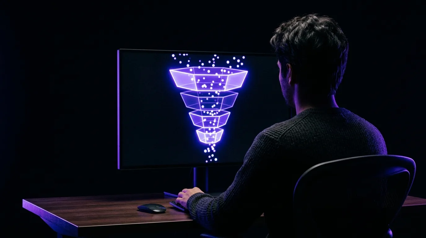 A marketer reviewing a glowing sales pipeline funnel of flowing leads on a dark screen