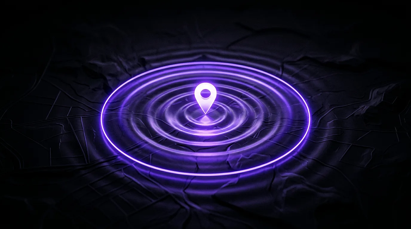 A violet search-radius lighting up around a location pin on a dark map