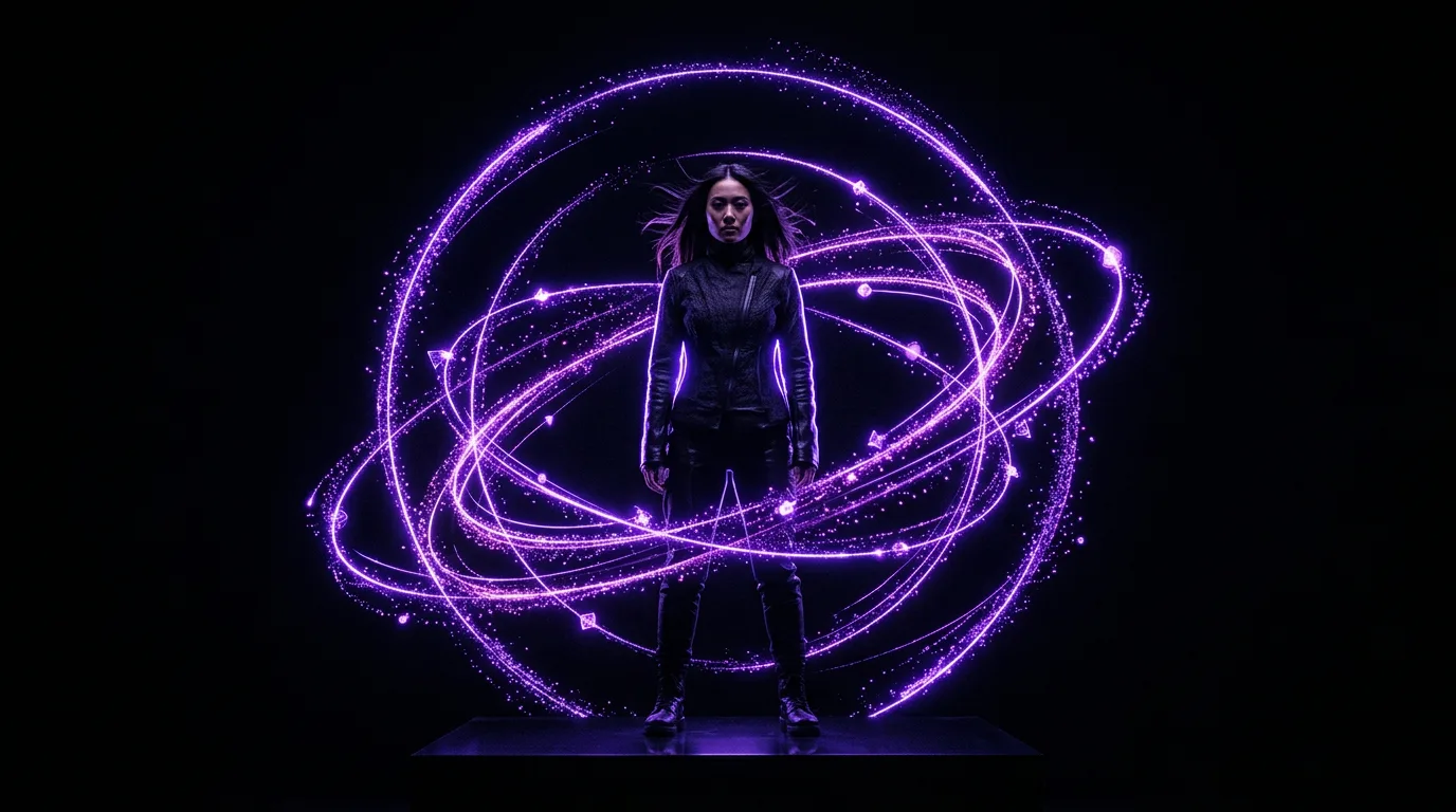 A person at the centre of orbiting violet particle rings, the Skitrate pod model