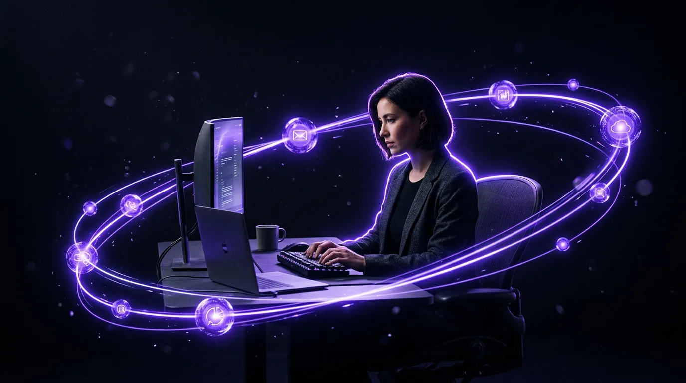 A virtual assistant at the centre of a pod, orbited by glowing specialist nodes