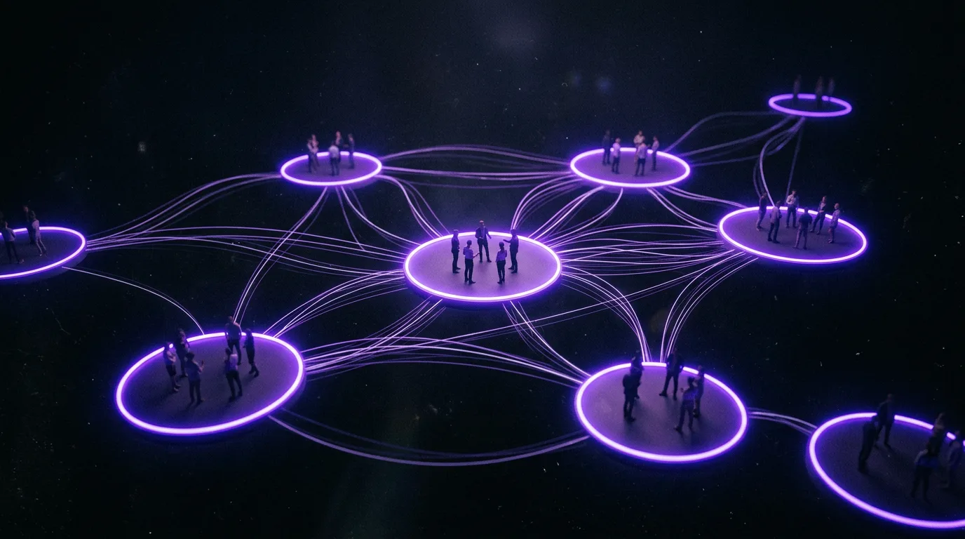 Glowing violet community circles linked together in a trust network
