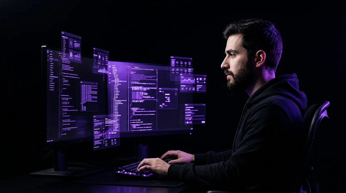 A software developer at dual monitors building a SaaS app, lit by violet rim light