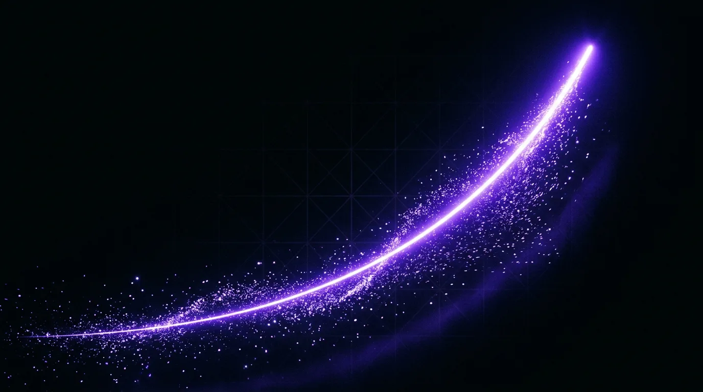A compounding SaaS growth curve rising over a dark grid in violet light