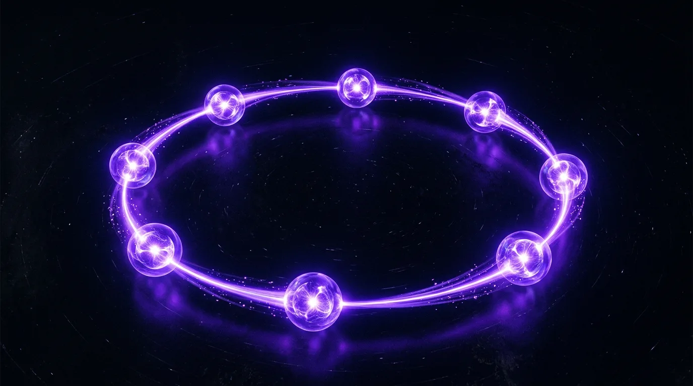 A SaaS growth loop as orbiting violet nodes each feeding the next
