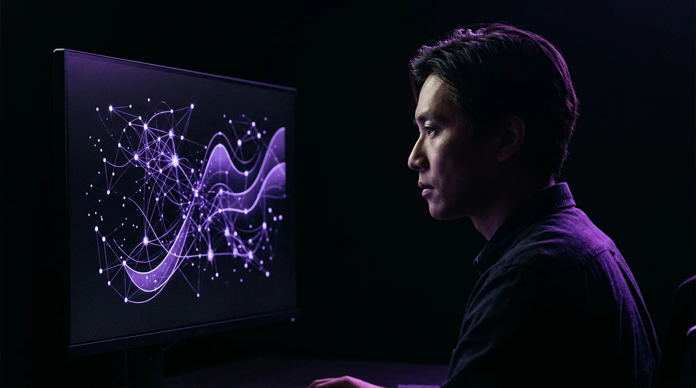 SEO analyst studying violet ranking data across dark monitors in a low-lit studio