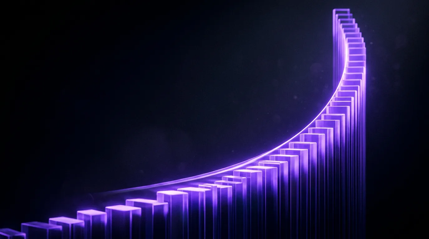 Organic rankings compounding over time as stacking violet bars and a rising curve