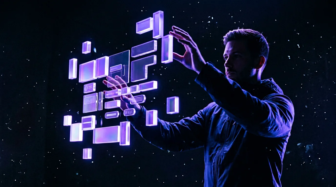 Violet modular blocks assembling mid-air into a product