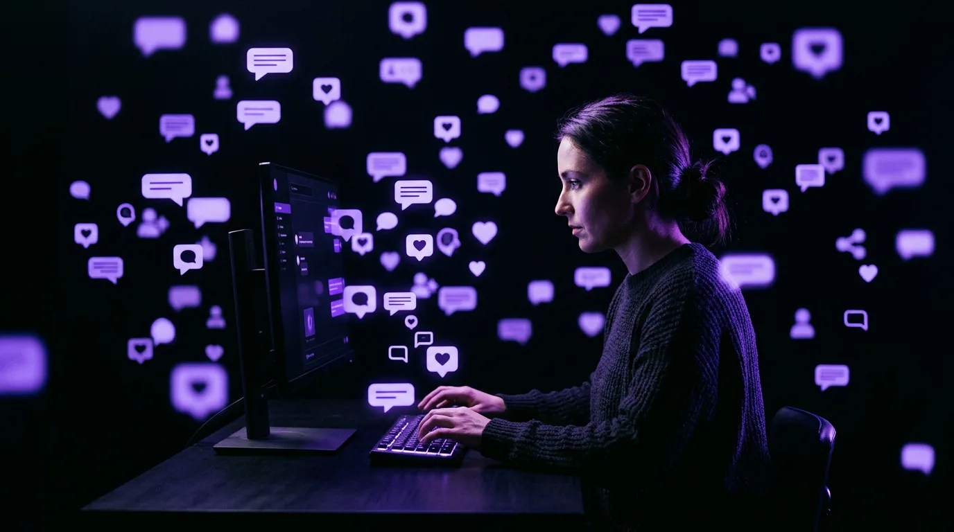 A social manager surrounded by floating violet message and engagement icons in a dark studio