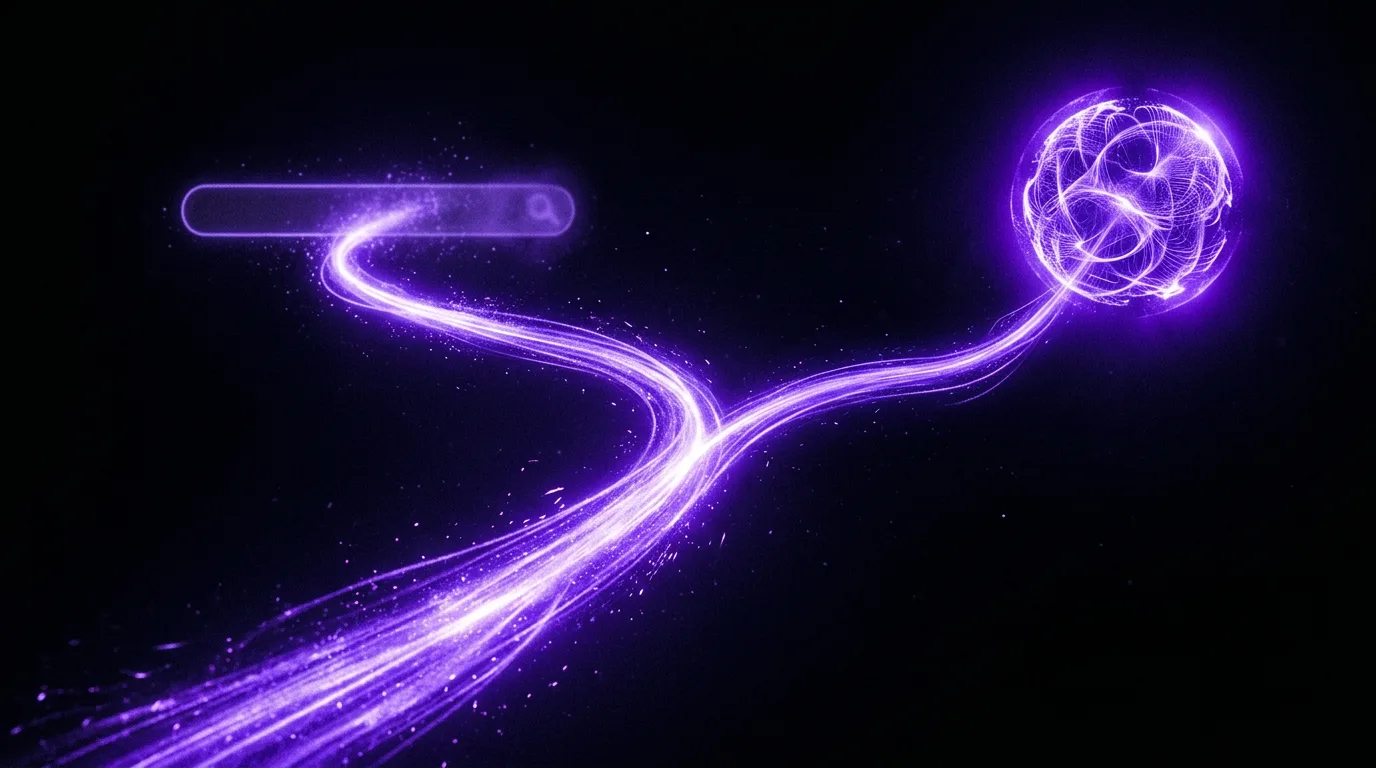 A stream of light splitting toward a search bar and an AI engine
