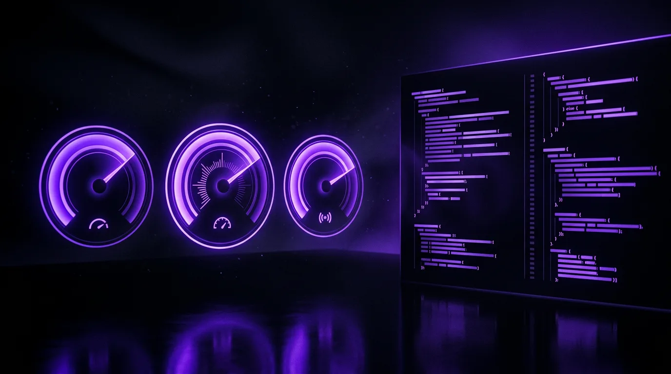 Core Web Vitals speed gauges beside clean structured code, in violet light