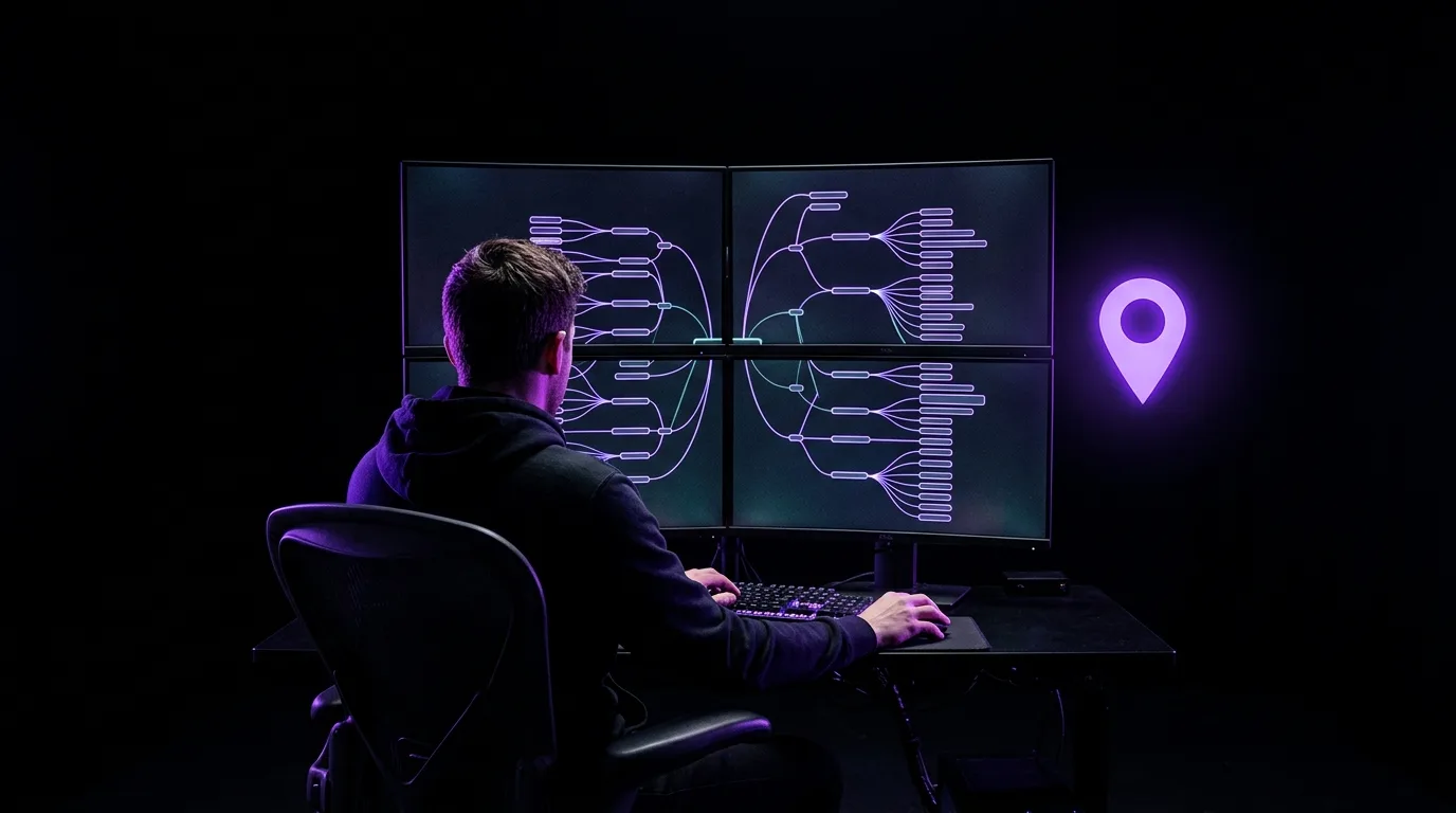 A developer at dark monitors showing a site-structure tree and a glowing map pin