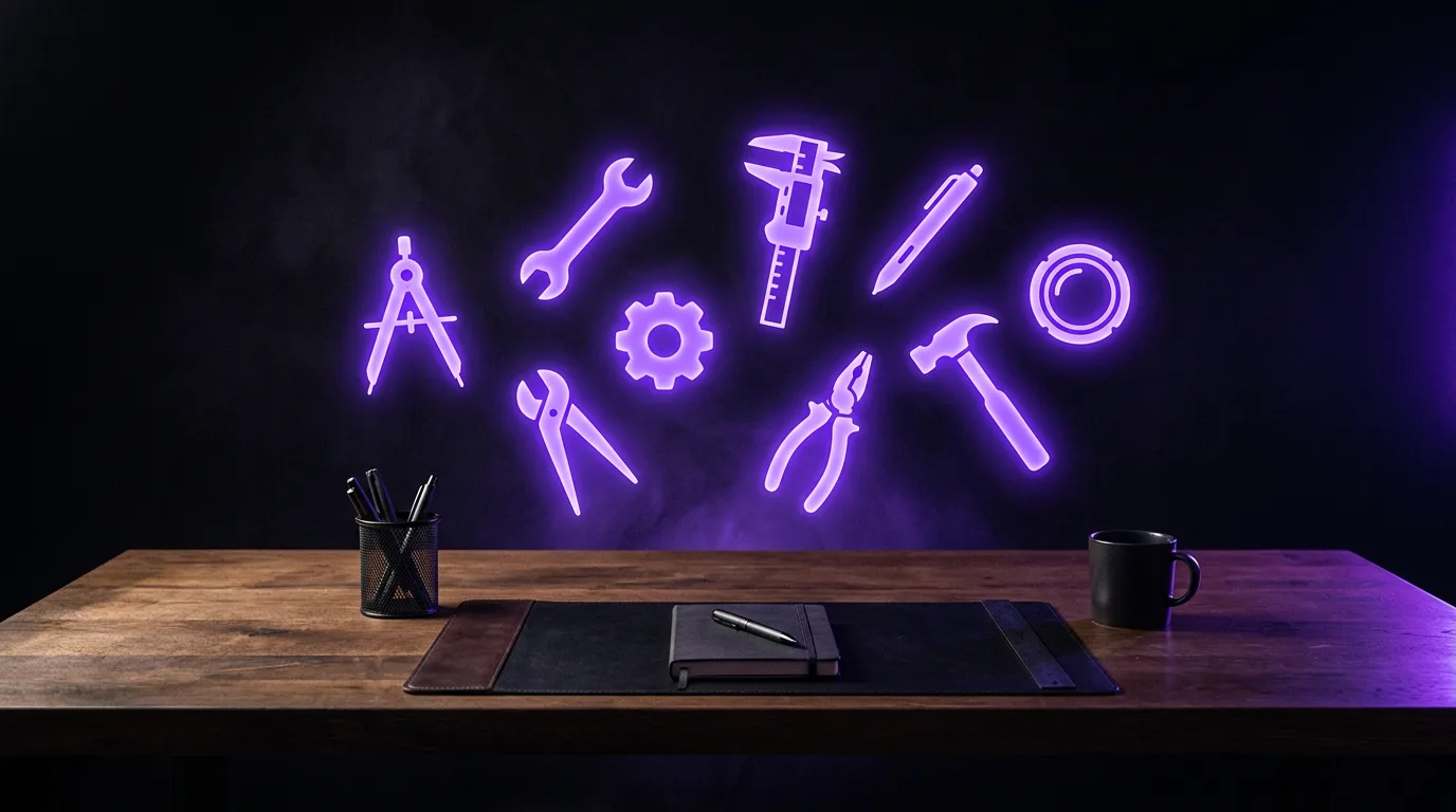 A dark workbench with glowing violet tool icons floating above it, the free Skitrate toolkit