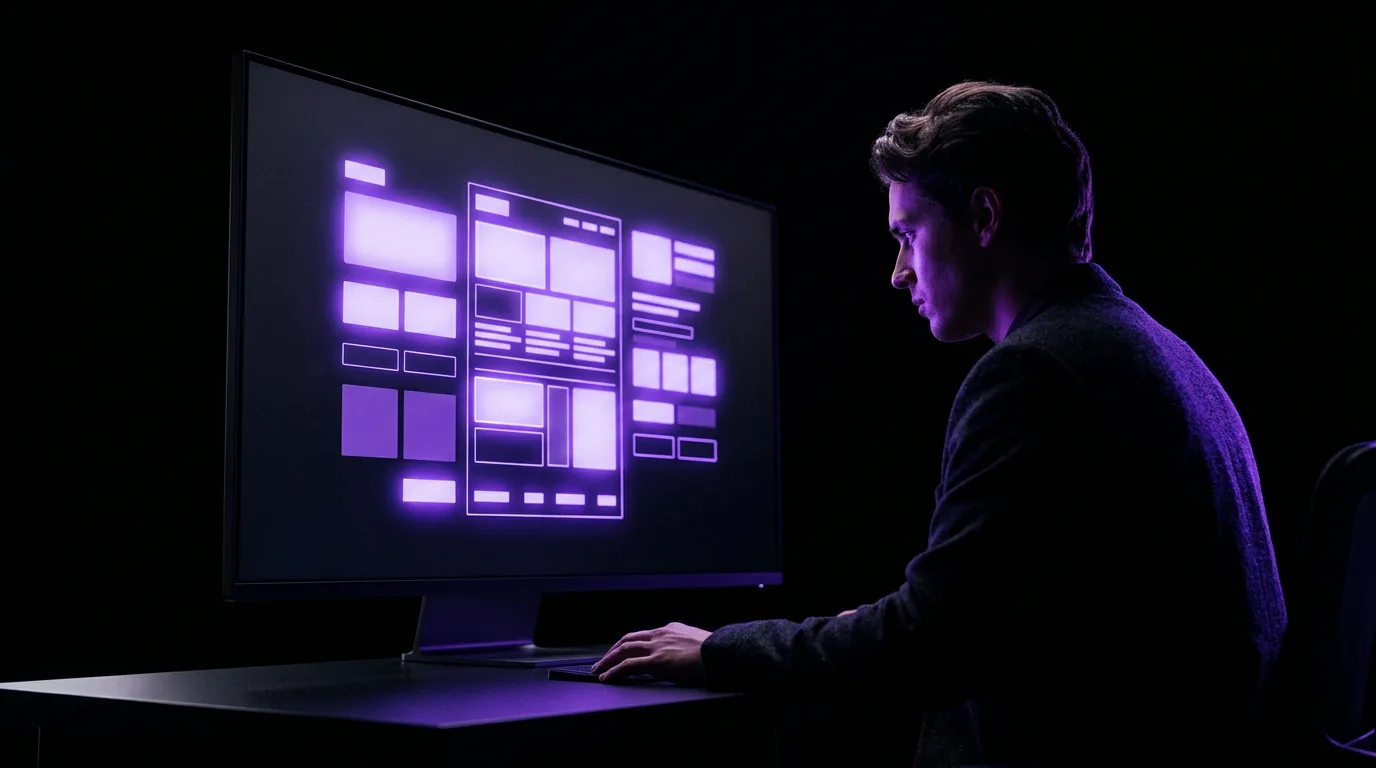 A web designer at a dark monitor watching violet wireframe blocks assemble into a page layout